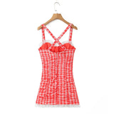 Red Plaid Plaid Dot Ruched Mini Dress- Outfit