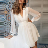 Women Solid Deep V neck Lantern Sleeve Mini Sexy