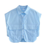 Color Y2K Women's Big Pocket Splicing Irregular Cardigan Polo Collar Shirt Top