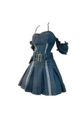 Women Spaghetti Strap Pleated Denim Dress Elegant Sexy Ladies Party Club Sundress Vintage Off Shoulder A-line Dress Summer