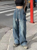 Women Vintage Streetwear Baggy Cargo Jeans High Waisted Straight Wide Leg Pants Denim Trousers Fairy Grunge Alt