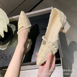 Zingj Small Fragrant Wind Thick Heel Single Shoes Women 2023 Evening Wind Pointed Hollow Single Shoes Elegant Temperament Shallow High Heels-Outfit