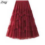 Tulle Purple Green Long Skirts Womens Korean Style Solid High Waist A-Line Tutu Skirt Female Mesh Pleated Maxi