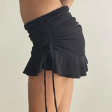 Spice Girls Sexy Rope Pleated Low-Waist Strapped Skirt Simple Solid Color Lotus Leaf Edge A Short