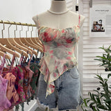 Sweet Hot Ruffles Mesh Camisole Top Lady Camis Sleeveless Printed Floral T shirts High Stretch Slim Tanks For Slim