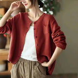 Zingj 2024 New Art Retro Cotton Thread Knit Cardigan Female Round Collar Long Sleeve Coat Fashion Casual Outside-Outfit