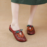 Zingj Summer New Flat-Soled Low-Heeled Women's Shoes National Style Leather Flower Slippers Hollowed-Out Breathable Comfortable Hole
