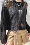 Streetwear Hole Black Knitted Grunge Sweater Women Smock Tops Ripped Hollow Out Pullover Holidays Tricot