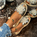 Temperament Pearl Flowers Wearing Flat-Soled Sandals Women's New Summer With Skirt Fairy Wind