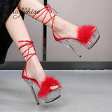 Shuzumiao Women's Sandals 2021 Summer New Waterproof Platform Transparent Fur High Heels Cross Straps Thin Heel Pole Dance