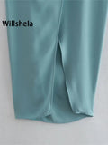 Women Fashion Solid Knotted Front Slit Midi Skirts Vintage High Waist Female Chic Lady