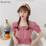 Shirts Women Summer Short Sleeve Square Collar Ruffles Crop Top Chic Fashion Korean Style Casual Womens Ulzzang