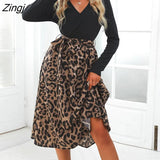 PETAL Black Leopard Belted Midi Dress For Woman Sexy V-neck Long Sleeve Party Dress 2023 Autumn Winter Female