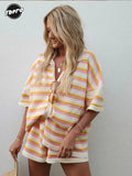 Women Causal Stripe Printed Short Suits Fashion Lapel Single Breasted Half Sleeves Shirts High Waist Loose Shorts 2 Piece
