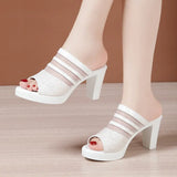 Fishmouth Sandals And Slippers Women's Soft Leather 2023 Summer New Thick-Soled Waterproof Platform Heels Thick-Heeled Mesh