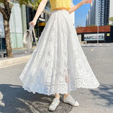 Midi Long Lace Skirts Spring Summer Elastic High Waist Female Mesh Pleated Skirt Fairy