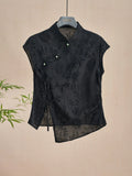 Chinese Style Cheongsam Blouse Black Jacquard Shoulder Short-Sleeved T-Shirt 2024 New Summer Vintage