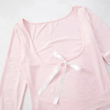 Pink Backless Bow Long Sleeve Top-Outfit
