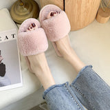 Zingj Autumn And Winter Cotton Slippers Indoor Korean Version Home Flat Open Toe Word Trawl Red Fashion Short Plush- Outfit