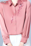 Women's Shirt Blouses for Women Solid Embroidered Long Sleeve Top Woman Polo Neck Clothing Female Button Up Basic