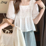 Sleeve Blouses Women Simple Loose Gentle Korean Style Fashion Sweet Temper Summer Square Collar Ulzzang All-match