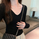 V-Collar Solid Color Long-Sleeved Woolen Blouse A New Style Slim And Slim Sweater In Autumn And