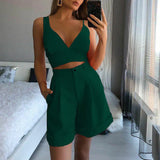sleeveless short set Women Sexy backless Strap 2Pieces Set deep V neck Crop Top+High Waist Button Shorts Female solid