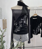 Hottie Side Hanging Neck Scarf Print Knitted Top Design Embody T-Shirt