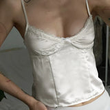 Temperament Pure Color Lace Splicing V-Collar Chest-Shaped Satin Satin Vest 2024 Spring / Summer New