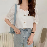 Women Square Collar Puff Sleeve Button Korean Style Elegant Chiffon Trendy Female Top Blusas All-match Summer Popular