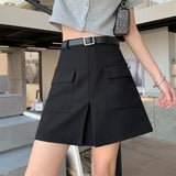 Shorts Summer Korean Style Simple Belt Trendy Spring Workwear Thin A-line Culottes Short Woman Basic Candy Snack