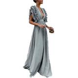 Sleeves Mid Waist V-neck Backless Solid Color Long