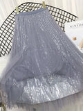 Summer Skirts Women Korea Long Tulle Skirt Sequined Pleated A Line Midi Skirt Chic High Waist Skirt