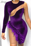 Sexy Sheer Mesh Patchwork Velvet Mini Dress Women One Long Shoulder Feather Night Club Short Bodycon Vestidos
