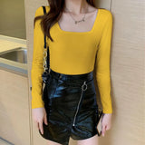 Zingj Square Collar Undershirt With The 2024 New Fall Tight Low Collar Long-Sleeved T-Shirt-Outfit