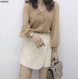 Winter Spring New Long Sleeve Button Knitted Blouses Female Fashion V-neck Solid Color Shirts Loose Casual Tops