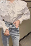 Women Shirts Lovely Vintage White Female Sweet Leisure Lantern Sleeve Students Ruffle Tops Mujer Blusas Chemisier Fashion