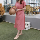 Korean Linen Midi Party Dress Summer V Neck Short Sleeve Elegant Pink Casual Women'S Dresses Clothing
