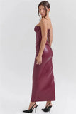 Burgundy Strapless PU Leather Maxi Dress- Outfit