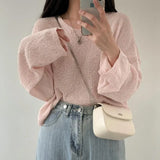 Solid Color V-Neck Oversized Knitted Tee-Outfit
