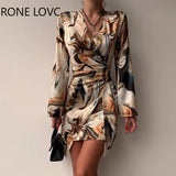 Women Chic V Neck Waistband Long Sleeve All Over Print Abstract Pattern Mini Bodycon Print