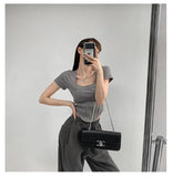 New Bright Line White T-shirt Women Fashion Slim Square Neck Short Sleeve Cropped Tops
