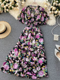 Women Floral Printed Long Dress Sexy V-Neck Short Sleeve High Waist Ruffle Beach Vacation Vestidos Female Maxi Robe
