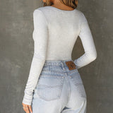 Breathable Solid Color U-Collar Slim And Slim Long-Sleeved Leisure T-Shirt 2024 Fashion New