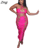 Summer Bodycon Dress Women Fashion Streetwear Backless Halter Midi Dresses Party Hollow Sheath Bohemian