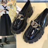 Women Spring New Black Platform Flats Shoes Women Loafers Slip on Boat Shoes Metal Chain Designer Casual Leather