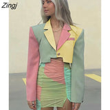 Patchwork Double Layer Button Women Blazer Green Long Sleeve Short Jacket Female Autumn Notched Collar Outwear Tops