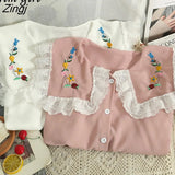 Flower Embroidery Shirt Women Korean Lace Splicing Peter Pan Collar White Blouses Sweet Office Long Sleeve Female
