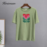Summer Harajuku Floral Printed T Shirt Women Elegant 100% Cotton Graphic Tee Casual Oversized Plus Size Female