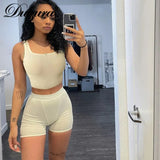 Ribbed Knitted Women 2 Pieces Crop Top Tanks Biker Shorts Set Patchwork Tracksuit Streetwear Sporty 2022 Summer
